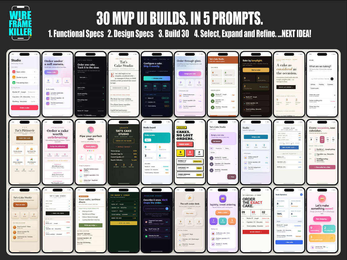 Thirty distinct mobile UI builds for a single cake-studio ordering idea